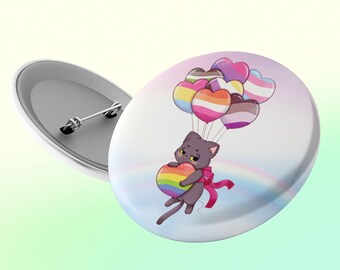 LGBTQ Love is Love Pride Neko Button, Pride Month Pin Button, kawaii Manga Anime Button, 5 cm Diameter