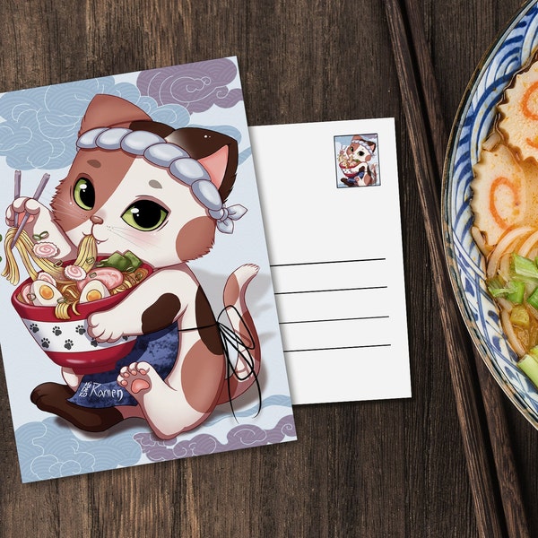 Carte postale kawaii ramen neko, carte anime manga mignonne, imprimé chat mignon, chat nouilles ramen