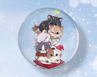 cute fridge magnet cuddling Christmas Nekos, 5 cm diameter magnet, manga anime kawaii Maneki Neko, cat love, holo button magnet