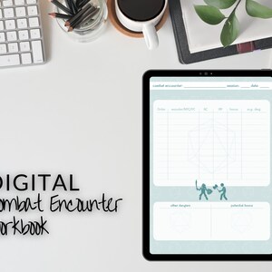 Puede incluir: Un libro de trabajo digital para encuentros de combate en la pantalla de una tableta. El libro de trabajo tiene secciones para detalles del encuentro de combate, información de monstruos/PNJ, HP, bonificaciones y otros peligros. Un gráfico de un personaje empuñando una espada y un personaje con un escudo se muestra en el medio de la pantalla.