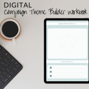 Puede incluir: Un libro de trabajo digital en la pantalla de una tableta con el título "campaign Theme Builder workbook". El libro de trabajo incluye una sección para generar ideas sobre temas de campaña y una sección para reducir los temas a tres.