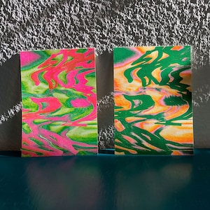 Risographie, Conception de carte postale, Jeu de cartes postales, Impression d'art fait main, Impression A6, Designs graphiques, Impressions durables, Impression riso, Couleurs vives