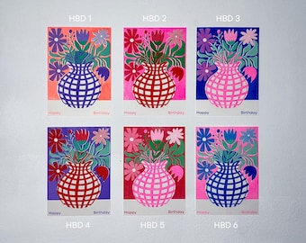 Grattis på födelsedagen-vykort A6, handgjort risograftryckset, färgglad blomvasstilleben