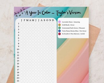 Taylor's Version A Year in Color Mood Tracker, Printable Mood Chart for Swifty, Worksheets for kids, mindfulness coloring chart for adults