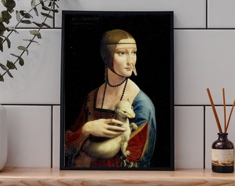 Lámina de La dama del armiño con pinza para la nariz, Da Vinci, arte clásico alterado vintage, regalo de humor sobre el baño, láminas divertidas para el baño para un amigo