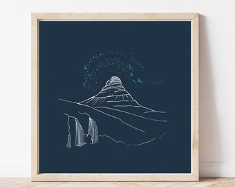 Personalised Kirkjufell Art Print, Midnight Blue Iceland Print, Mountain Wall Art for living room, outdoorsy posters for travel lover