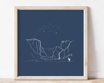 Personalised Yosemite National Park Print, travel gift for friend, midnight blue El Capitan art print for office, outdoorsy posters for bed