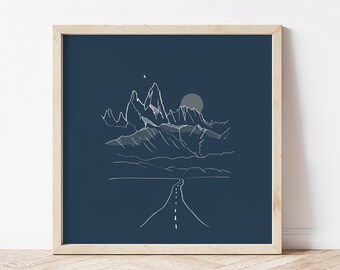 Personalised Patagonia Print, Midnight Blue Fitz Roy Wall Art for office, Minimal Travel gift for best friend, outdoorsy posters for living