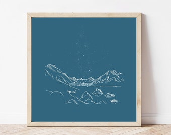 Personalised Tasman Glacier Art Print, Dusky Blue Mount Cook Poster for Office, outdoorsy posters for living, minimal gift for travel couple