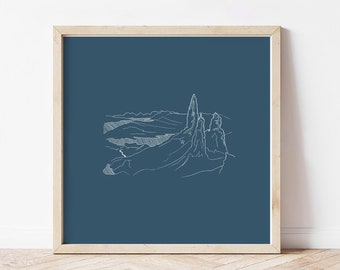 Personalised Old Mann of Storr print, Dusky blue Isle of Skye wall art, Scottish Gifts for men, Outdoorsy posters for office, minimal art