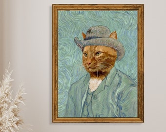 Vincent Van Gogh Cat, Altered Classic print with a cat impressionist painting for office, dark academia gift for art lover, for living room