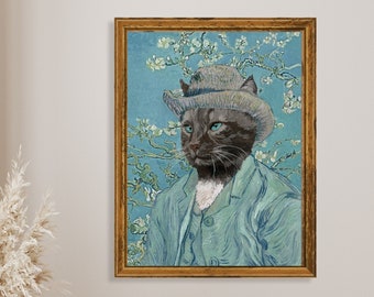 Vincent Van Gogh Black Cat, Altered Classic print with cat impressionist painting for office, dark academia gift for art lover, for living