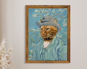 Vincent Van Gogh Ginger Cat, Altered Classic print with cat impressionist painting for office, dark academia gift for art lover, for living