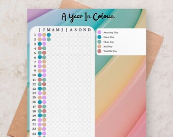 A Year in Colour Mood Tracker, Printable Mood Chart for bedroom, Worksheets for kids, Colouring chart for adults, mindfulness colouring gift