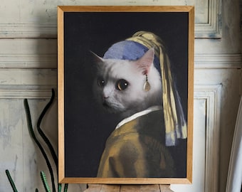 Girl With a Pearl Earring, Johannes Vermeer, Altered Classic Art with a cat for office, dark academia gift for art lover, for living room