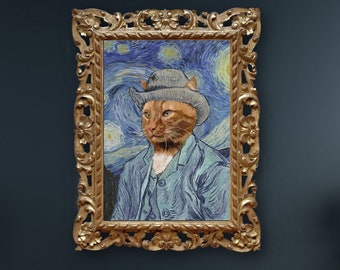 Vincent Van Gogh Starry Night Cat Print, Altered Classic print with cat impressionist painting for office, dark academia gift for art lover