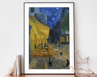 Vincent van Gogh, Café Terrace at Night With Cats! Vintage Altered Classic Art With a Cat for office, humour gift for cat lover, fun prints