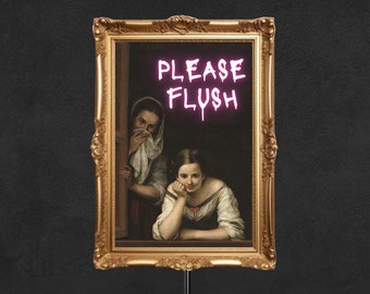 Please Flush, Vintage Altered Classic Art for bathroom, toilet humour gift for artist, funny bathroom prints for him