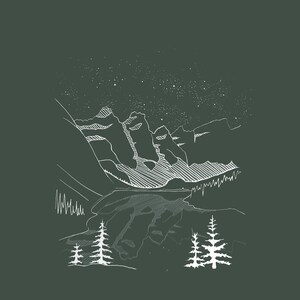 May include: A white line drawing of a mountain range under a starry night sky. The illustration features detailed peaks, a lake, and several stylized evergreen trees, all set against a dark green background.