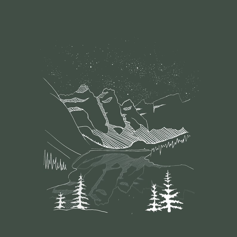 May include: A white line drawing of a mountain range under a starry night sky. The illustration features detailed peaks, a lake, and several stylized evergreen trees, all set against a dark green background.