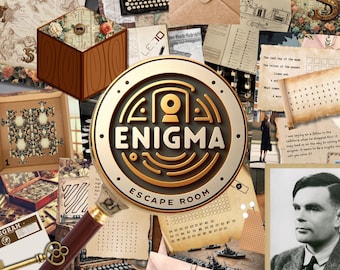 May include: A collage of vintage-style items, including a magnifying glass with the text "ENIGMA ESCAPE ROOM", a typewriter, envelopes, and a wooden box. The image has a detective or mystery theme.