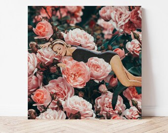 La roseraie estampe - impression d'art moderne vintage Space Age milieu du siècle, cadeau rétro futurisme, art mural floral pour bureau, art collage