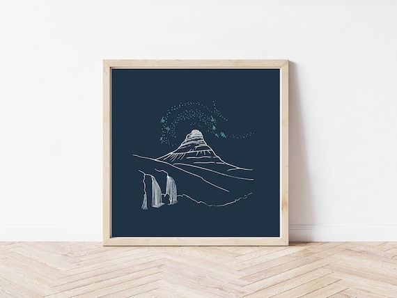 Personalised Kirkjufell Art Print, Midnight Blue Iceland Print, Mountain Wall Art for living room, outdoorsy posters for travel lover