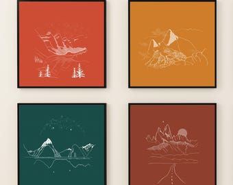 Lot de 4 impressions d'automne, cadeau de voyage pour lui, impressions minimalistes pour le bureau, affiche de voyage pour meilleur ami, cadeau d'anniversaire pour amateur de voyages