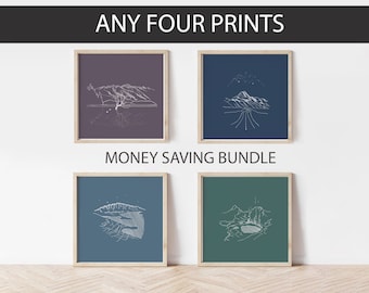 Juego de 4 impresiones, regalo de viaje para él, impresiones minimalistas cuadradas para la oficina, póster de viaje para el mejor amigo, regalo de aniversario para los amantes de los viajes