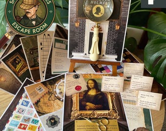 May include: A Sherlock Holmes escape room game kit featuring a magnifying glass, a printed card with a door illustration, various clue cards, a Mona Lisa print, a gold-toned pair of scissors, and a sheet of postage stamps.
