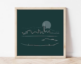 Ligne d'horizon bleue personnalisée d'Auckland, art mural vert jade, impression d'art de voyage néo-zélandais pour chambre à coucher, cadeau de voyage pour lui, affiches de plein air