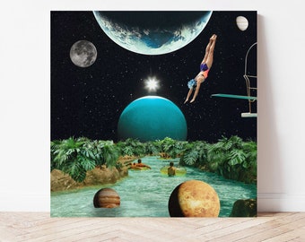 Rivière cosmique - impression d'art moderne vintage Space Age, milieu du siècle, cadeau rétro futurisme, art mural floral pour bureau, art collage pour salon