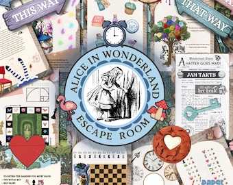 Salle d'évasion classique d'Alice au pays des merveilles, kit d'évasion à imprimer pour les enfants, cadeau pour un rendez-vous galant, jeu de fête d'anniversaire d'Alice