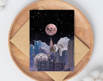 Vintage Space Age Cat Birthday Card: Retro Futurism Art (Digital Download)