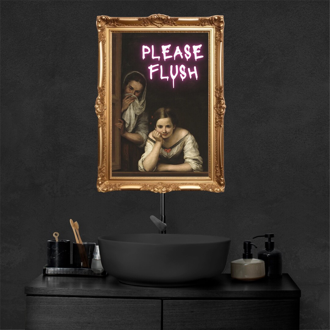 Please Flush, Vintage Altered Classic Art for Bathroom, Toilet Humour