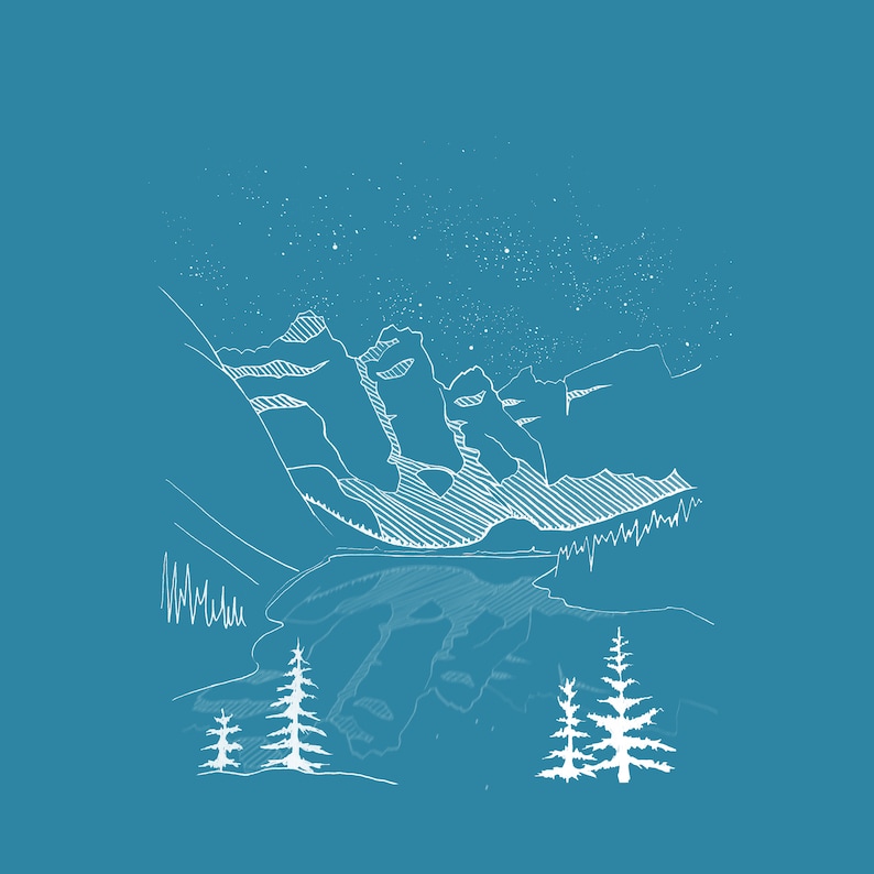 May include: A white line drawing of a mountain range under a starry sky, set against a teal background. The illustration includes detailed mountain peaks, a lake, and several stylized evergreen trees, creating a scenic landscape.