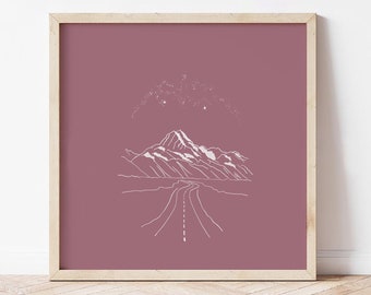 Aoraki Mount Cook sketch, dusky pink Aotearoa print for office, Travel gift for best friend, outdoorsy posters for living room wall art