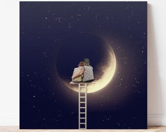 Impression phase de lune - impression d'art moderne vintage Space Age, milieu du siècle, cadeau futurisme rétro, art mural floral pour bureau, art collage pour dortoir