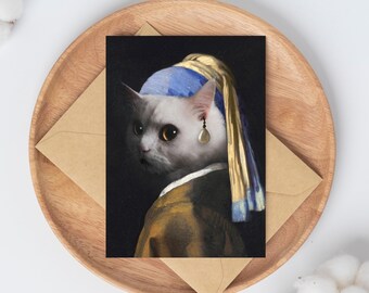 Carte de chat avec une boucle d'oreille en perles : carte d'anniversaire artistique amusante (téléchargement numérique)