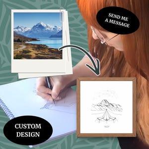 May include: A framed line drawing of a mountain scene with a tent, and a photograph of a mountain landscape. The image also includes the text "CUSTOM DESIGN" and "SEND ME A MESSAGE".