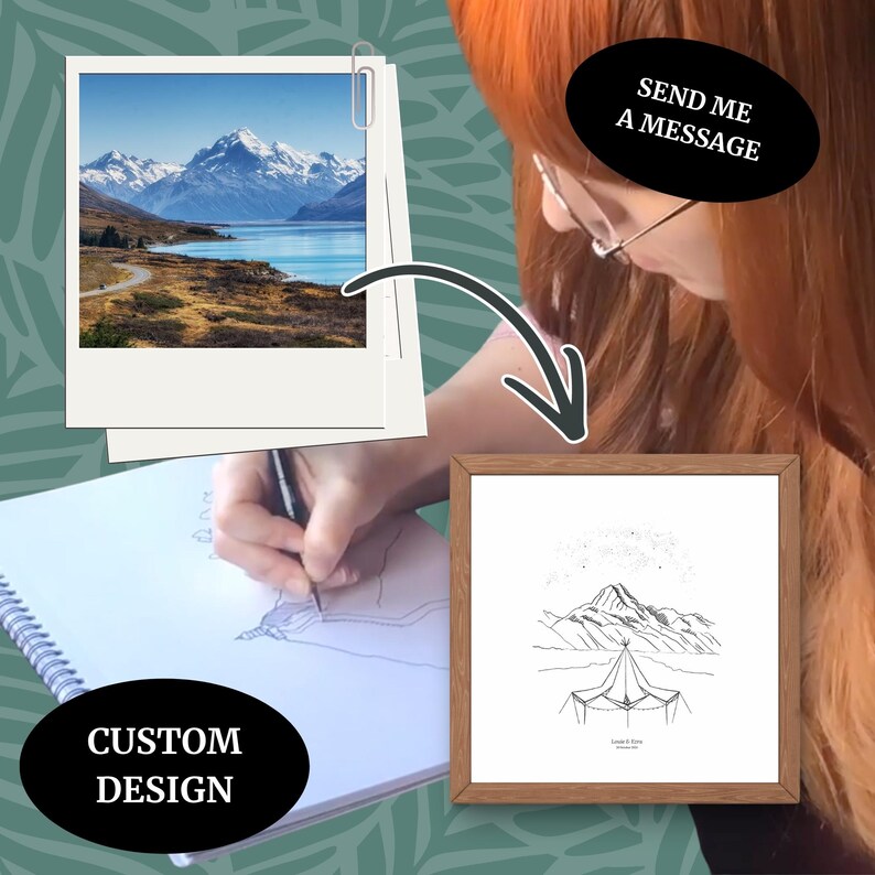 May include: A framed line drawing of a mountain scene with a tent, and a photograph of a mountain landscape. The image also includes the text "CUSTOM DESIGN" and "SEND ME A MESSAGE".