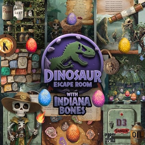 Könnte beinhalten: Eine Collage mit Dinosaurier-Thema und dem Text "Dinosaur Escape Room with Indiana Bones". Das Bild enthält Dinosaurier-Eier, ein Skelett, ein Teleskop und andere thematische Elemente. Die Farbpalette umfasst Grün-, Lila- und Brauntöne.