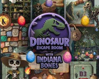 Salle d'évasion pour dinosaures - * Indiana Bones ! Kit d'évasion à imprimer, jeu de fête d'anniversaire pour enfants, évasion de Jurassic Island pour une soirée jeux