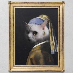 Girl With a Pearl Earring, Johannes Vermeer, Altered Classic Art with a cat for office, dark academia gift for art lover, for living room
