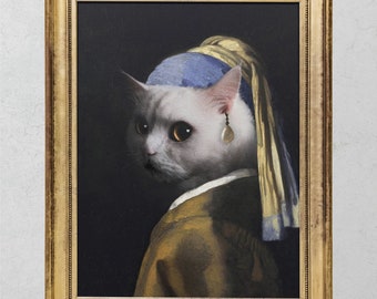 Girl With a Pearl Earring, Johannes Vermeer, Altered Classic Art with a cat for office, dark academia gift for art lover, for living room