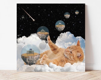 Impression d'art drôle de chat : collage rétro futurisme de l'ère spatiale vintage