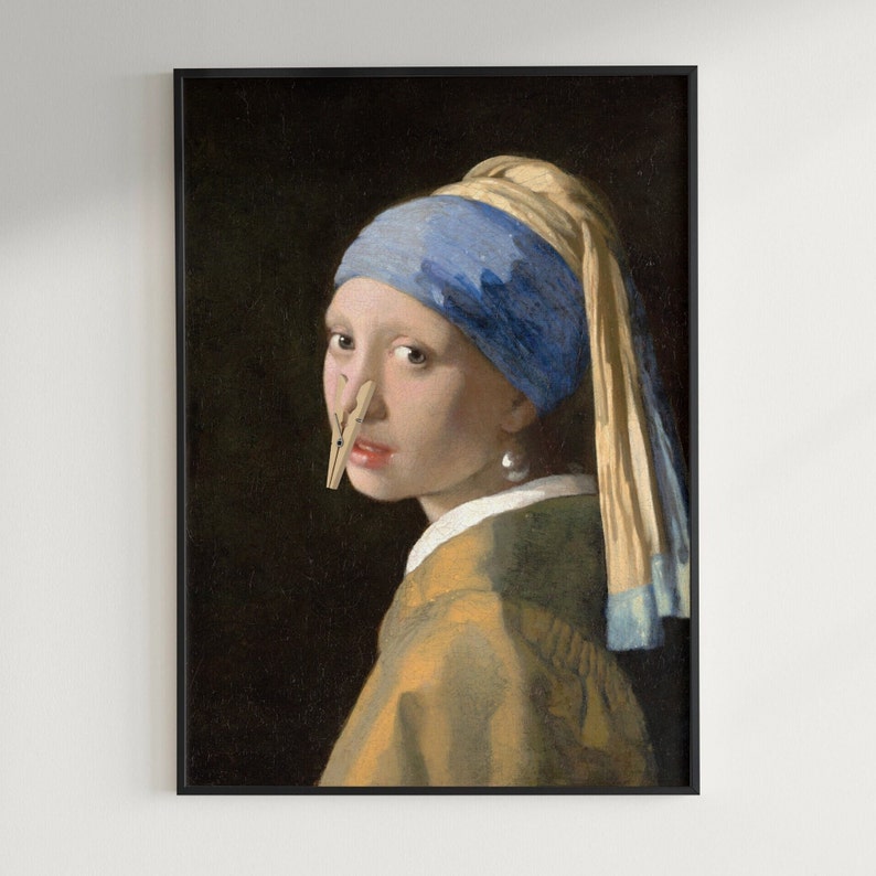 Girl With a Pearl Earring, Johannes Vermeer, Vintage Altered Classic Art for bathroom, toilet humour gift for artist, funny bathroom prints image 1
