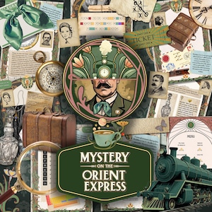 Może przedstawiać: Kolaż w stylu vintage w odcieniach zieleni i brązu. Centralnym elementem jest zielony znak z napisem "Mystery on the Orient Express". Obraz zawiera pociąg, zegarek kieszonkowy, walizkę i portrety.