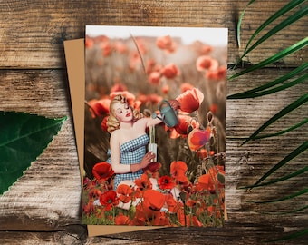 Retro Futurism Birthday Card, Vintage Woman in Poppies (Digital Download)