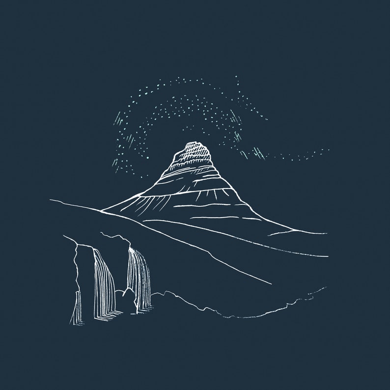 May include: A white line drawing of a mountain with a waterfall and a starry sky on a dark blue background. The mountain has a layered appearance, and the waterfall cascades down the side. The stars are depicted as small dots and lines.